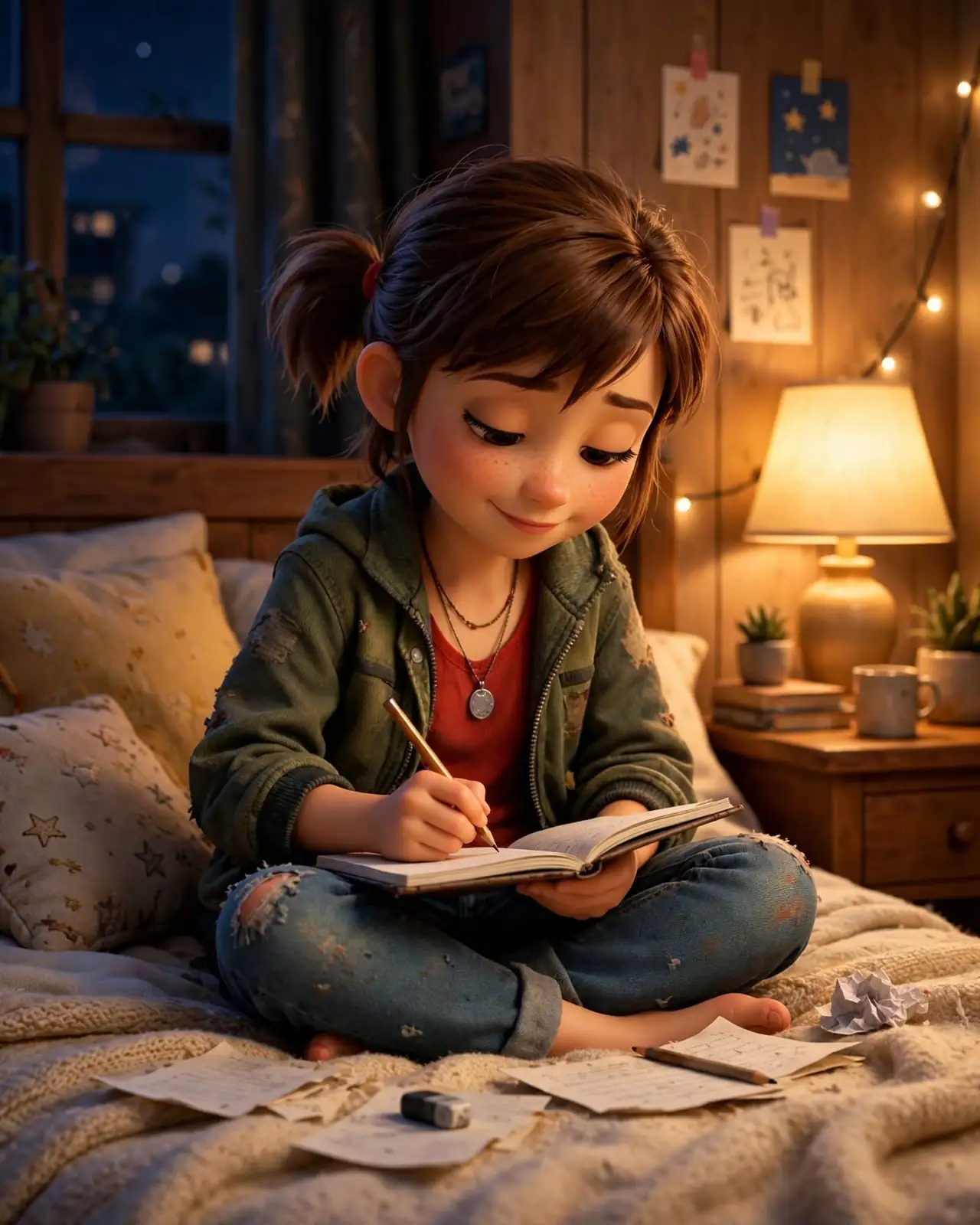 Sally writing in her song notebook on her bed at night