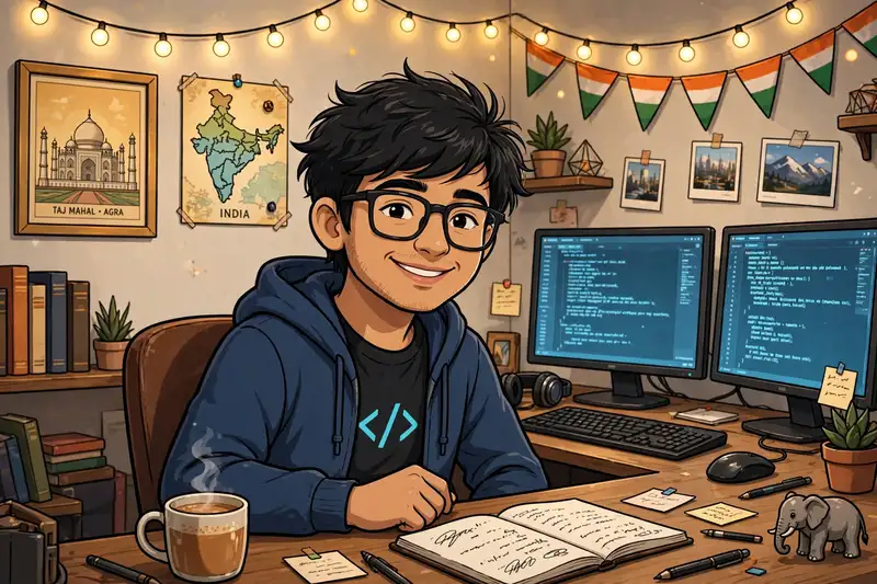 Dinesh in his lab, India pictures on the walls, code on the monitors, chai on the desk
