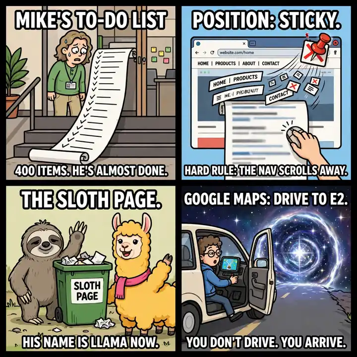 Studio meme four-pack: Mike's to-do list 400 items he's almost done, position sticky hard rule the nav scrolls away, the sloth page his name is llama now, google maps drive to E2 you don't drive you arrive