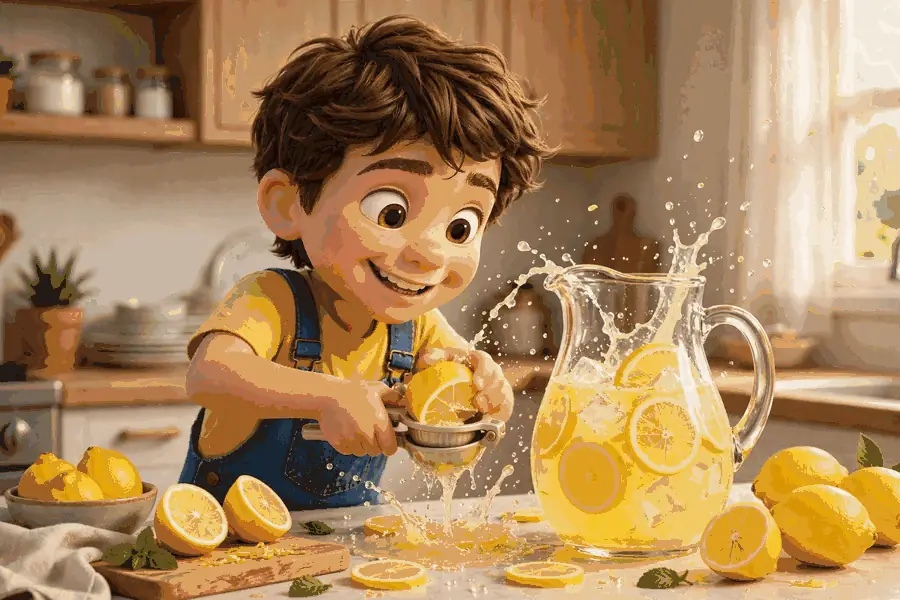 Squeezing fresh lemons into a big pitcher of lemonade