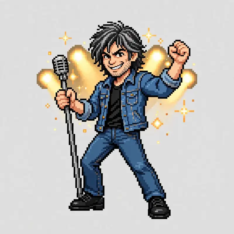 Dlaney as a 16-bit rockstar character on stage