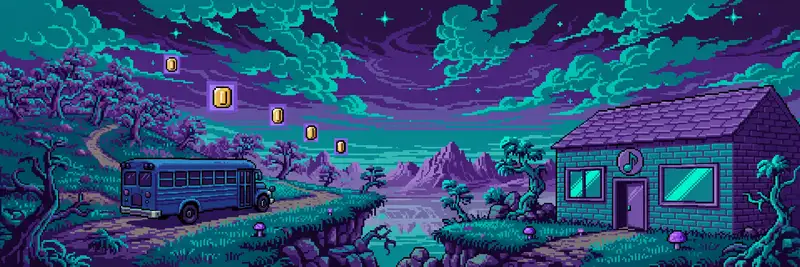 16-bit mirror world with a blue school bus