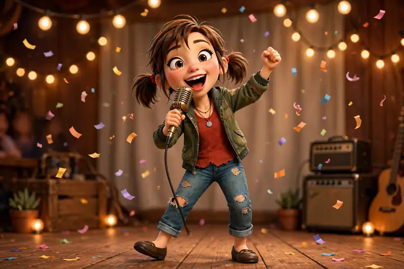 Sally singing on stage with a vintage microphone, confetti in the air