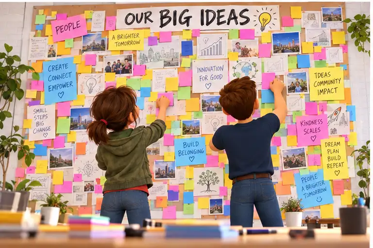 Sally and Chadwick in front of the giant Our Big Ideas board