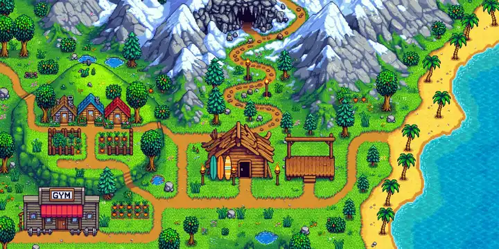 Studio World live map: the nine Studio characters as small pixel sprites on a 16-bit overworld map